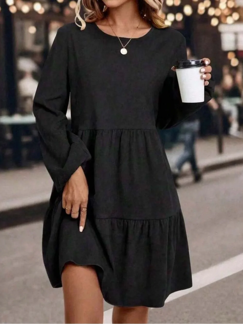 Boho black ruffle hem ribbed knit fall dress